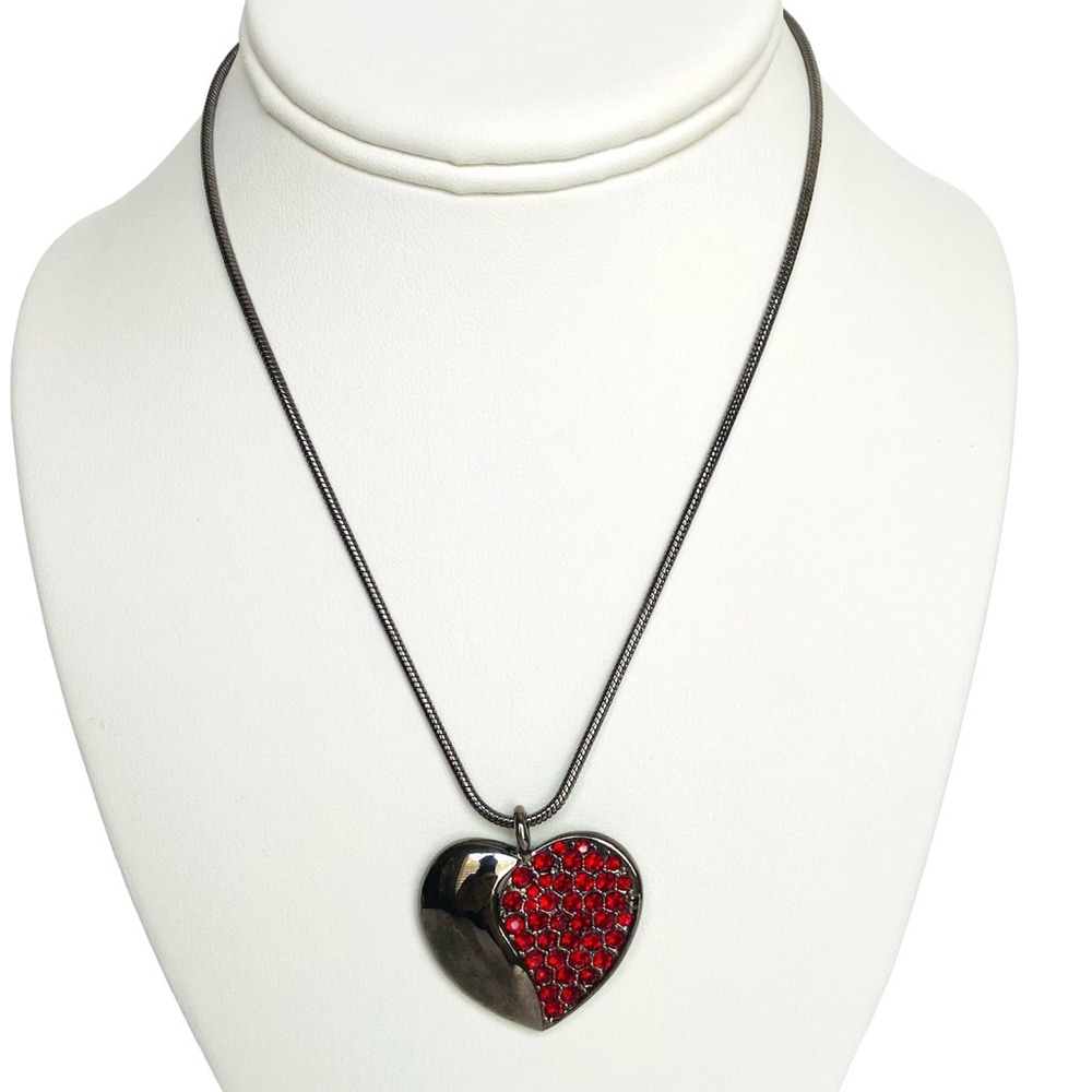 Vintage Nine West Gunmetal and Red Rhinestones Heart Pendant Necklace
